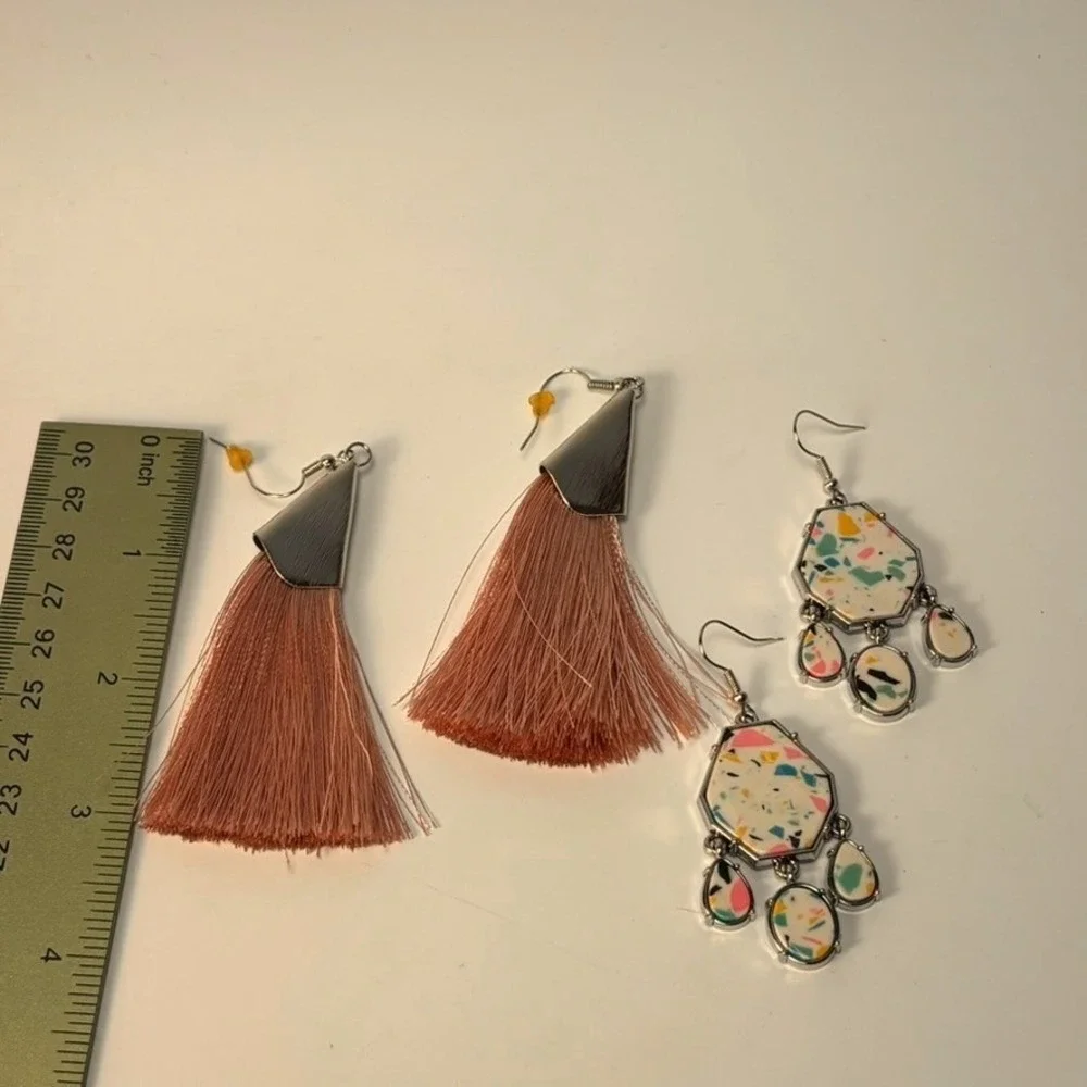 Earring Set Mauve Pink Tassel and Terrazzo Print Geometric‎ Drop Earrings